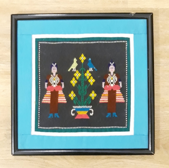Vintage Hmong Embroidered Cross-Stitch Framed Pictures - Woman + Flower - Picture 12 of 13